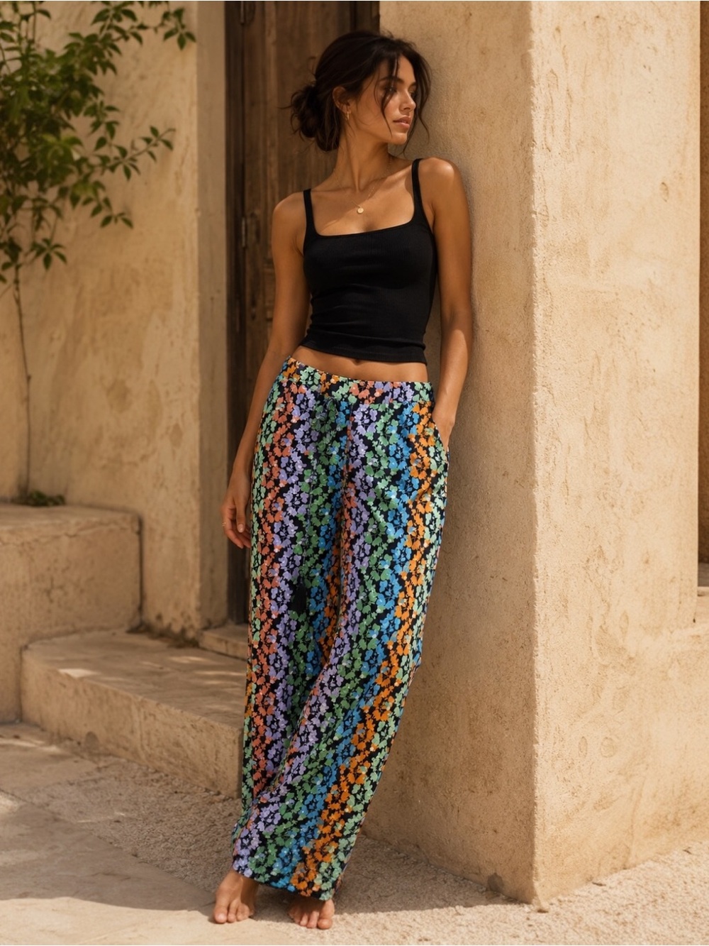 Verandah Pants M Resortwear Floral Colorful Beach Vacation Lounge Pull On